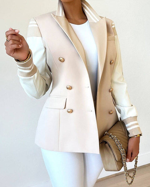 Women Jacket Coat Autumn Winter Colorblock Long Sleeve Double Breasted Blazer Casual Blazers