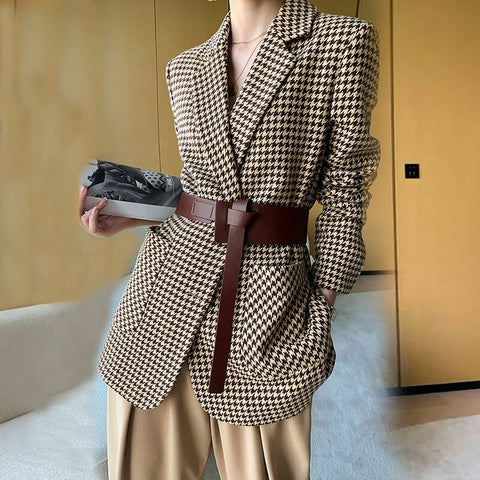 Women Jacket Long Sleeve Plaid Blazer with Belt Autumn Coat Office Lady Elegant V-Neck Over Size Blazers for Women with Pockets