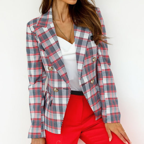 Women Jacket Slim Plaid Print Coats Long Sleeve Chic Office Lady Double Breasted Office Business Outerwear Vintage Blazers Coats