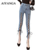 Women Jeans 2022 Summer Hollow Out Cross Strap Bandage Denim Pencil Pants Ladies Mid Waist Sexy Lace Up Hole Tight Jeans