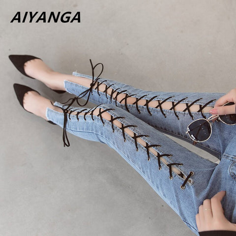 Women Jeans 2022 Summer Hollow Out Cross Strap Bandage Denim Pencil Pants Ladies Mid Waist Sexy Lace Up Hole Tight Jeans