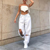 Women Jeans Button High Waist Elastic Hole Jeans Trousers Loose Denim Pants Pocket Boyfriends Loose Vintage Jeans White Pants