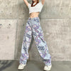 Women Jeans High Waist Loose Straight Pants 2022 Cartoon Printed Zipper Casual Female Long Trousers Large Size Mom Long Pants