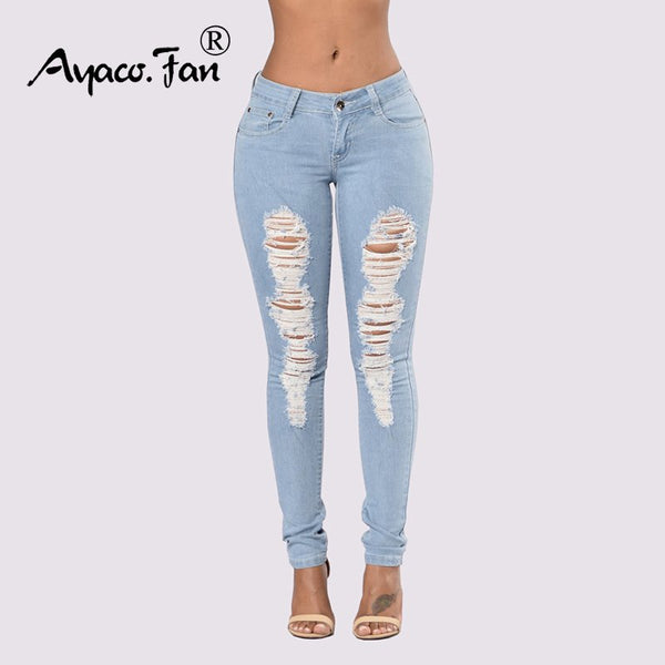 Women Jeans Light Blue Hole Ripped Stretch Mid Waist Skinny Jeans Thin Plus Size Spring Summer Denim High Elastic Female Pants