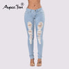 Women Jeans Light Blue Hole Ripped Stretch Mid Waist Skinny Jeans Thin Plus Size Spring Summer Denim High Elastic Female Pants