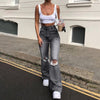 Women Jeans Pants Streetwear Holes Ripped Jeans Trousers Hollow Out High Waist Zipper Denim Blue Black Wide Leg Pants