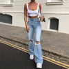 Women Jeans Pants Streetwear Holes Ripped Jeans Trousers Hollow Out High Waist Zipper Denim Blue Black Wide Leg Pants