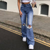 Women Jeans Pants Streetwear Holes Ripped Jeans Trousers Hollow Out High Waist Zipper Denim Blue Black Wide Leg Pants
