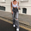Women Jeans Pants Streetwear Holes Ripped Jeans Trousers Hollow Out High Waist Zipper Denim Blue Black Wide Leg Pants