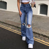 Women Jeans Pants Streetwear Holes Ripped Jeans Trousers Hollow Out High Waist Zipper Denim Blue Black Wide Leg Pants