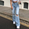 Women Jeans Pants Streetwear Holes Ripped Jeans Trousers Hollow Out High Waist Zipper Denim Blue Black Wide Leg Pants