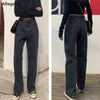 Women Jeans Solid Black Retro Vintage Zipper Spring Straight Trousers All-match Students Ulzzang Baggy High Waist Causal
