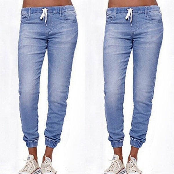 Women Jeans Solid Elastic Waist Jeans Straight Pencil Pants Denim Pants Women Trousers Causal Cropped Pants Women Clothing 5XL