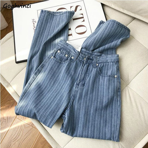 Women Jeans Stripe High Waist Full Length Vintage Baggy Straight Korean Style Leisure Elegant All-match Chic Simple New