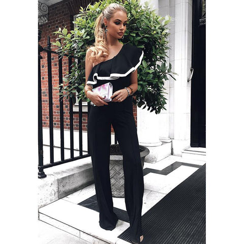 Women Jumpsuits Ruffles Overalls Casual One Shoulder Long Playsuits Rompers Jumpsuit Long Pants Plus Size WS1430E