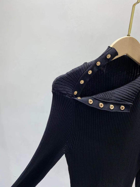 Women Knit Dress Metal Buttons 2023 Spring Summer Long Sleeve Slim Waist Dress Half High Collar Midi Robe Female Clothes