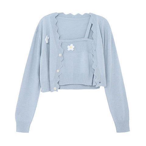 Women Knitted 2 Piece Set Autumn Winter 2023 Solid Blue Sweater Cardigan Floral Bottom Vest Suspender Suit Top Female Clothing