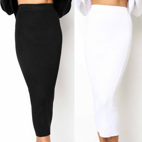 Women Knitted Bodycon Long Skirt Sexy Black White High Waist Pencil Skirts Female Elastic Skirts Club Wear