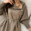 Women Knitted Dress Turtleneck Buttons Full Sleeve Korean Dresses Warm Long Sweater Vestidos Female Clothes 2022 Autumn Winter