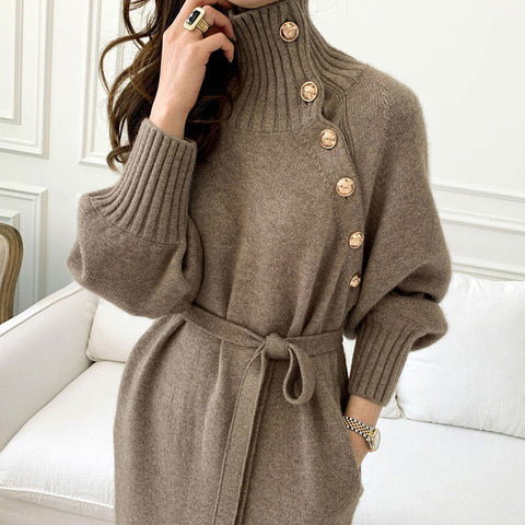 Women Knitted Dress Turtleneck Buttons Full Sleeve Korean Dresses Warm Long Sweater Vestidos Female Clothes 2022 Autumn Winter