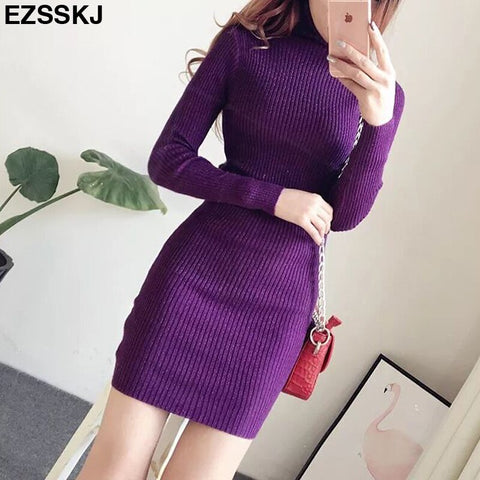 Women Knitted Sweater Dress Autumn Winter Long Sleeves Slim Shiny Bodycon Dress Casual Lady Office Turtleneck Dress Female