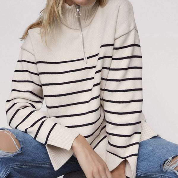 Women Knitted Sweater Stripe Loose Zipper Stretch Knitting Sweaters Vintage Long Sleeve Asymmetry Female Pullover Tops