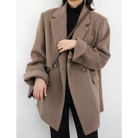 Women Korea Style Casual Blazer Grey Solid Colors Single Breasted Loose Suit Woman Spring Office Work Long Sleeve Blazer