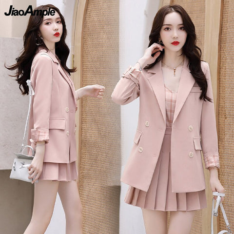 Women Korean Blazers 3 Pcs Set Spring Autumn Office Lady Elegant Pink Suit Coat+Plaid Sling Vest+Pleated Skirts Outfits 2023 New
