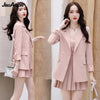 Women Korean Blazers 3 Pcs Set Spring Autumn Office Lady Elegant Pink Suit Coat+Plaid Sling Vest+Pleated Skirts Outfits 2023 New