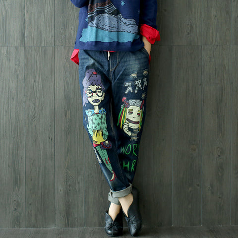 Women Korean Cartoon Personality Hole Loose Denim Trousers Ladies Elastic wais Straight Denim Pants Female Character Print Jeans