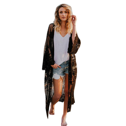 Women Lace Bohemian Beach Long Oversized Kimono Coat Casual Summer 2022 Loose Chiffon Blouse Shirts Long Outerwear Beach Shawl
