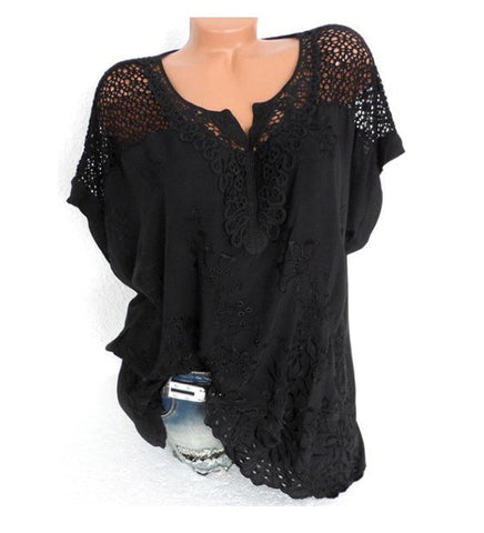 Women Lace Patchwork Blouse Shirt Casual Tops Sexy Short Sleeve Blouse Ladies Summer Hollow Out Elegant Blouses Plus size 5xl