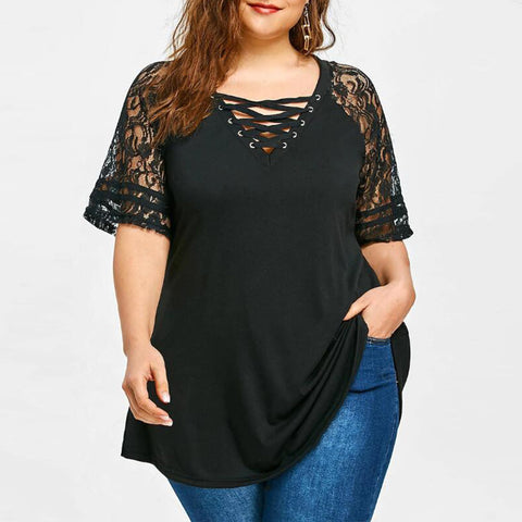 Women Lace Shirt 2022 Summer Sexy V Neck Short Sleeve Casual Loose Blouses Patchwork Bandage Black Tee Tops Plus Size Hollow Out