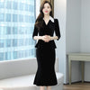 Women Lace Splice V-Neck Slim Waist Pullover Top Blazer Mermaid Pencil Skirts Suits Vintage Elegant Woman Velvet 2 Piece Set