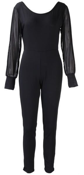 Women Ladies Elegant Clubwear Long Split Sleeve Mesh Patchwork Playsuit Bodycon Slim Party Black Solid Jumpsuit Romper Trousers