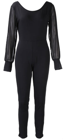 Women Ladies Elegant Clubwear Long Split Sleeve Mesh Patchwork Playsuit Bodycon Slim Party Black Solid Jumpsuit Romper Trousers