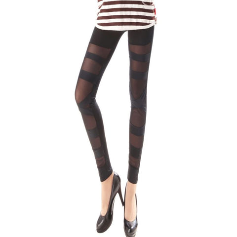 Women Ladies Girls Sexy Leggings Punk Solid Color Bandage Mesh Black Leggings Pants
