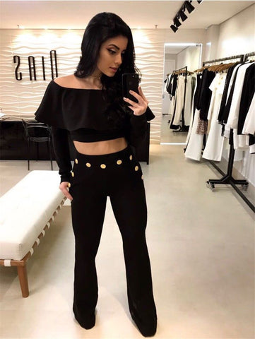 Women Ladies Lace Off shoulder Long Sleeve Ruffle Jumpsuit Bodycon Playsuit Long Trousers Romper