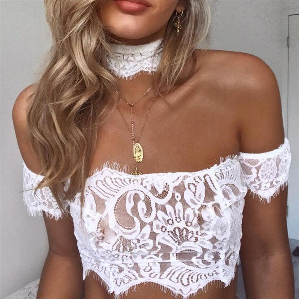 Women Ladies Lace Up Mesh Crop Tops Blouse Sexy See Through Off Shoulder Choker Shirts Hollow Out Party Clubwear chemise femme
