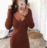 Women Ladies Long Sleeve V Neck Stretch Bodycon Ribbed Knit Pencil Midi Dress Slim Dress