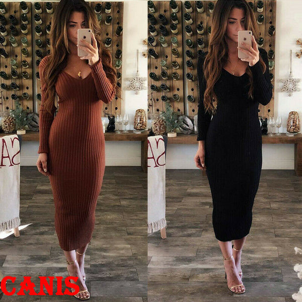 Women Ladies Long Sleeve V Neck Stretch Bodycon Ribbed Knit Pencil Midi Dress Slim Dress