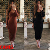 Women Ladies Long Sleeve V Neck Stretch Bodycon Ribbed Knit Pencil Midi Dress Slim Dress