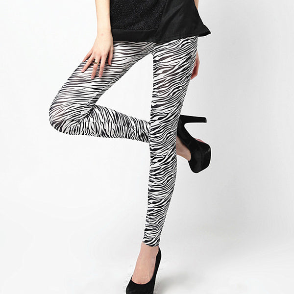 Women Lady Leggings Zebra Striped Skinny Stretch Footless Cotton Pencil Pants