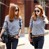 Women Lady Retro vintage Long Sleeve Casual Graids Jean Denim Shirt Tops Blouse