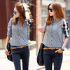 Women Lady Retro vintage Long Sleeve Casual Graids Jean Denim Shirt Tops Blouse