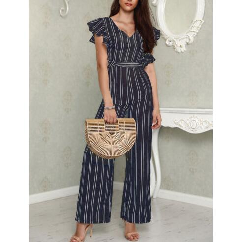 Women Lady V Neck Loose Playsuit Party Ladies Romper Sleeveless Long Jumpsuit Sleeveless High Waisted Vertical Stripe Jumpsuit