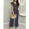 Women Lady V Neck Loose Playsuit Party Ladies Romper Sleeveless Long Jumpsuit Sleeveless High Waisted Vertical Stripe Jumpsuit