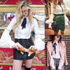 Women Lantern Sleeve Blouse office Lady Shirt Bow Ruffles Tie Blouse Loose Tops Button Casual Shirts
