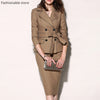 Women Lapel Double-breasted Bow-knot Solid Color Suit Female Solid Color Double-breasted Blazer and High Wait Midi Skirts Set