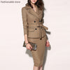 Women Lapel Double-breasted Bow-knot Solid Color Suit Female Solid Color Double-breasted Blazer and High Wait Midi Skirts Set